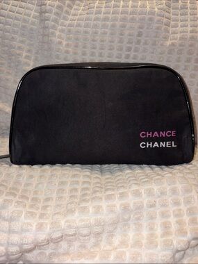 CHANEL Black Cosmetic Pouch with Pink CHANCE and White CHANEL Logo